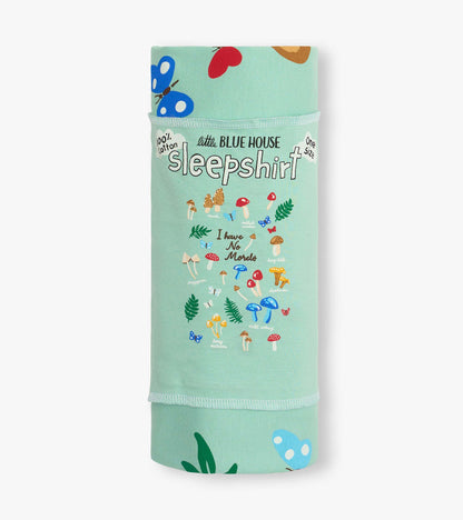 Mint green cotton sleepshirt with mushroom and butterfly print, folded and wrapped with label visible.