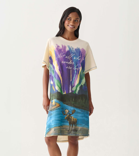 Cream short-sleeve sleepshirt with colorful wilderness print and moose graphic, front view