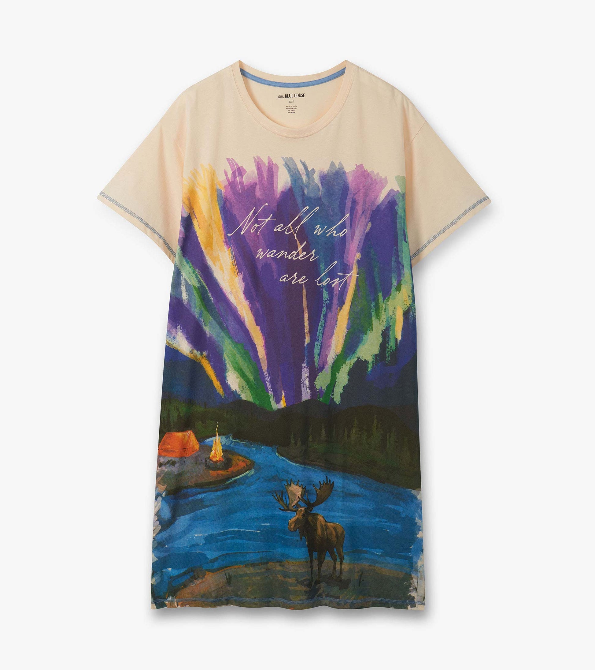 Cream short-sleeve sleepshirt with colorful camping and moose print and “Not all who wander are lost” text.