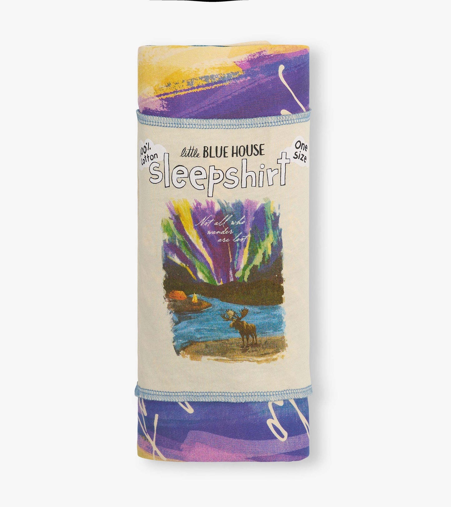 Rolled cream cotton sleepshirt with colorful wilderness print and purple trim, front view