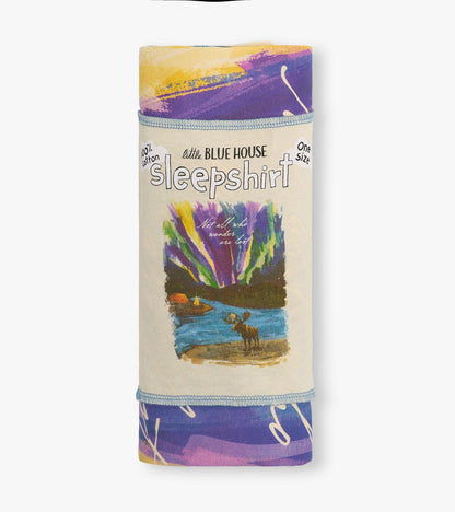 Rolled cream cotton sleepshirt with colorful wilderness print and purple trim, front view