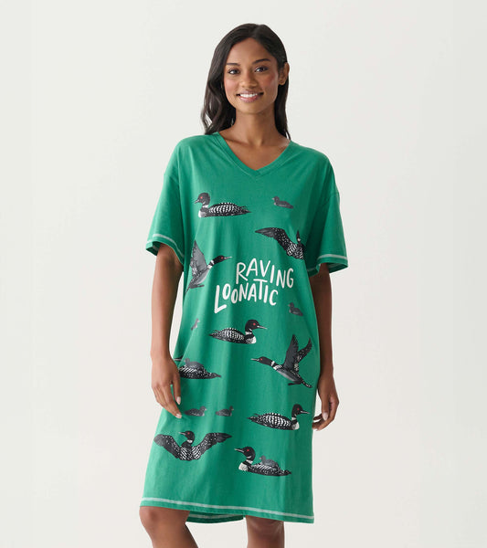 Green V-neck sleepshirt with loon print and short sleeves, shown on a model.