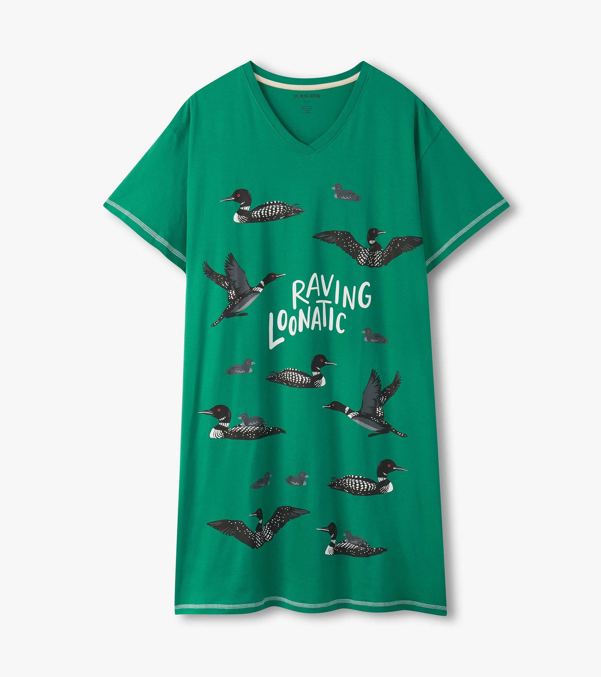 Green V-neck sleepshirt with loon print and “RAVING LOONATIC” text, front view