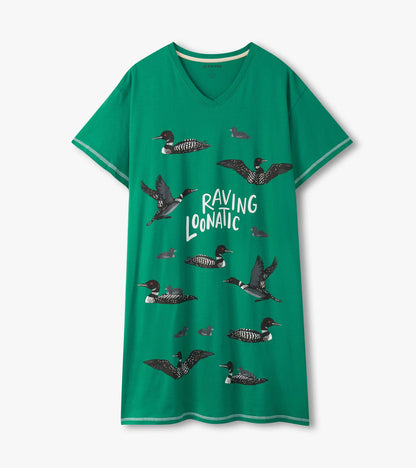 Green V-neck sleepshirt with loon print and “RAVING LOONATIC” text, front view