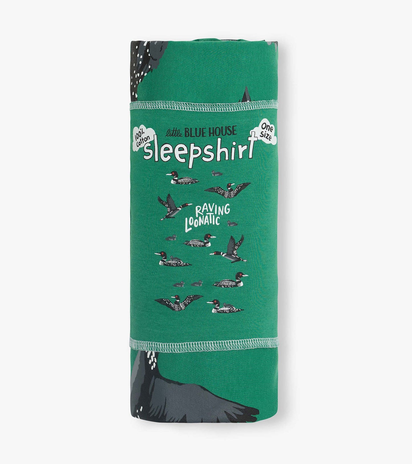 Folded green cotton sleepshirt with loon print and text, shown front view