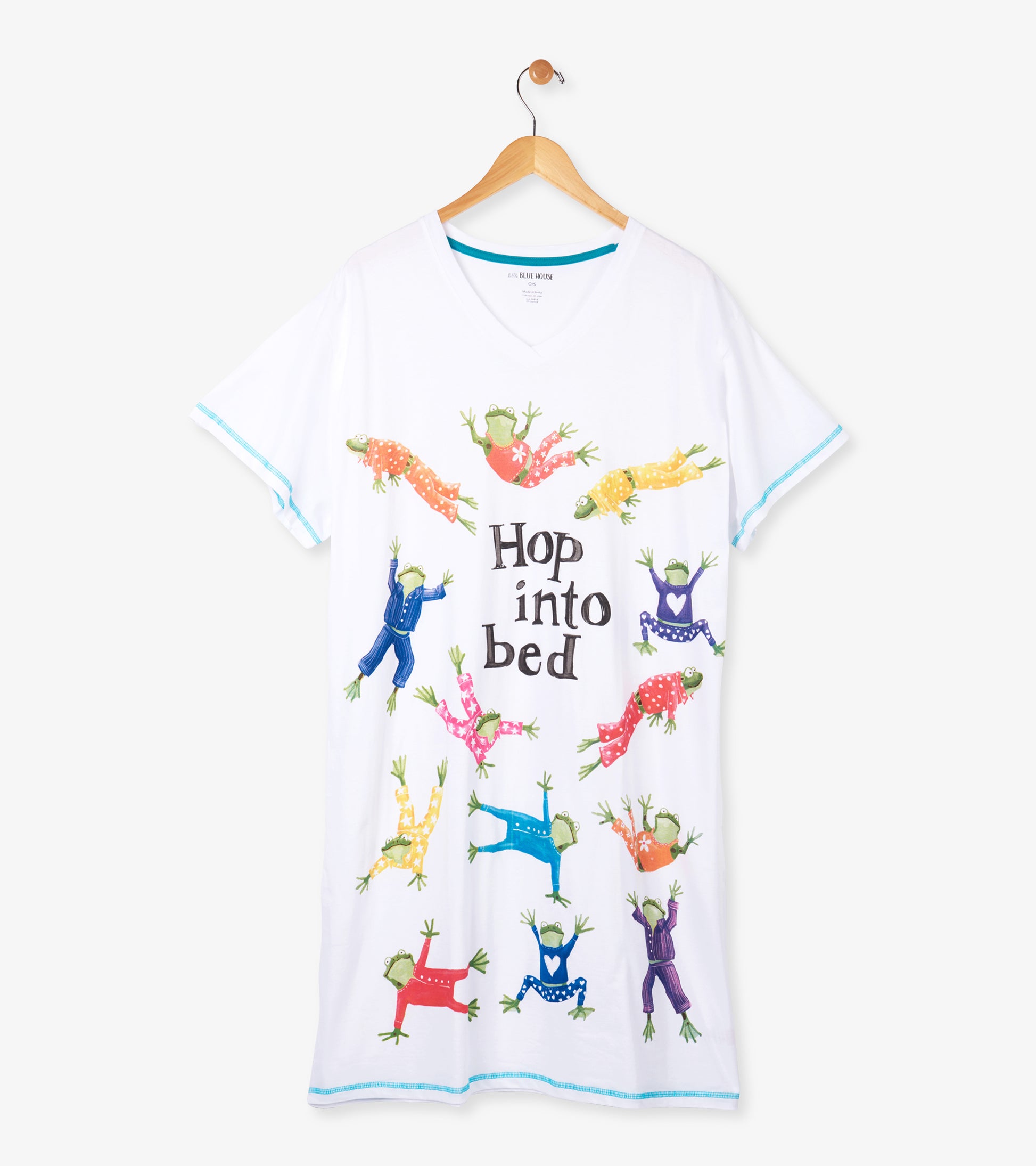 White sleepshirt on hanger with colorful pajama-clad frogs, 'Hop into bed' text and blue trim