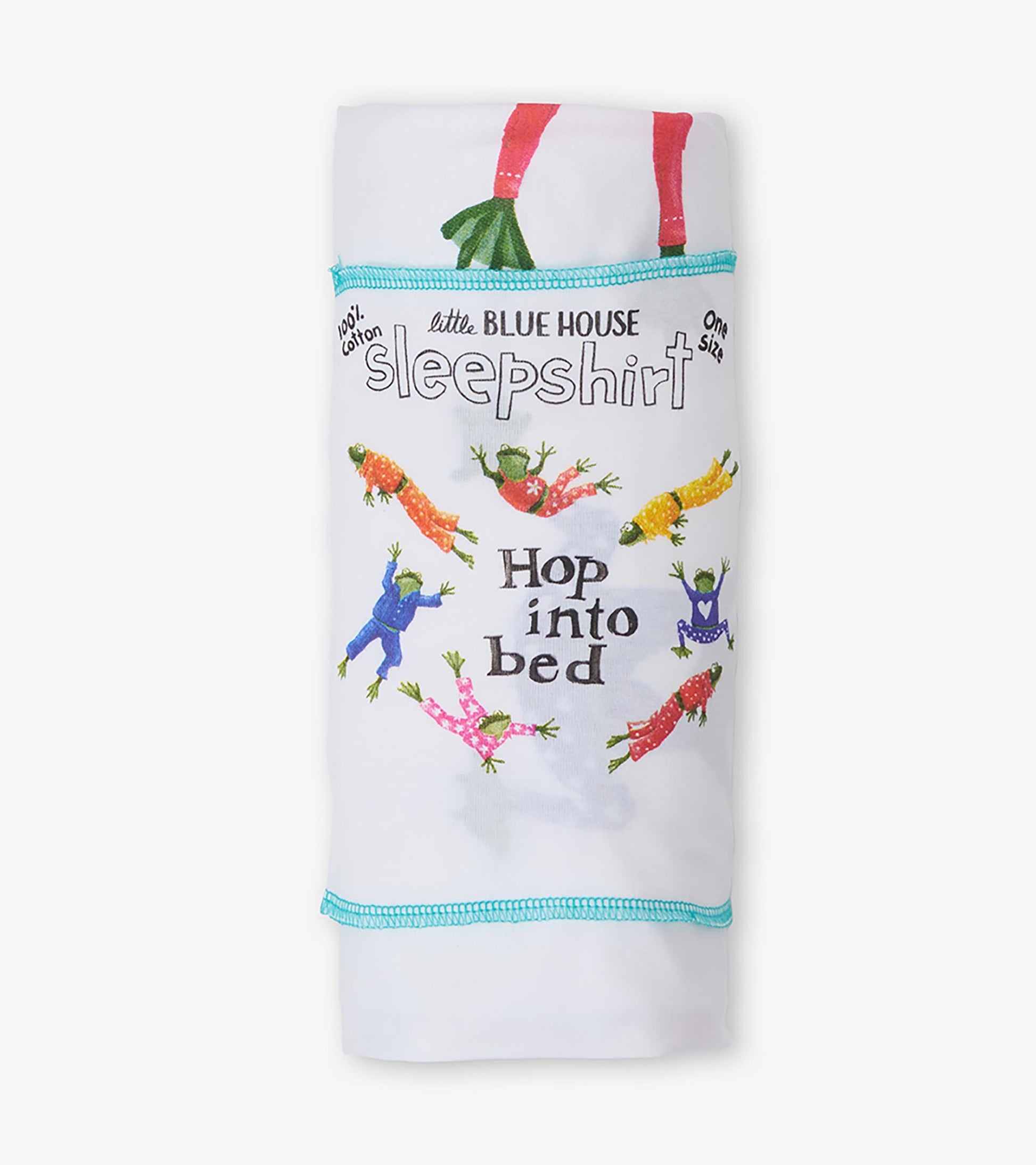 Folded white sleepshirt with colorful frog print, blue trim and visible Little Blue House wrapper text