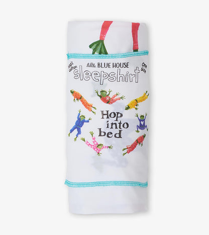 Folded white sleepshirt with colorful frog print, blue trim and visible Little Blue House wrapper text