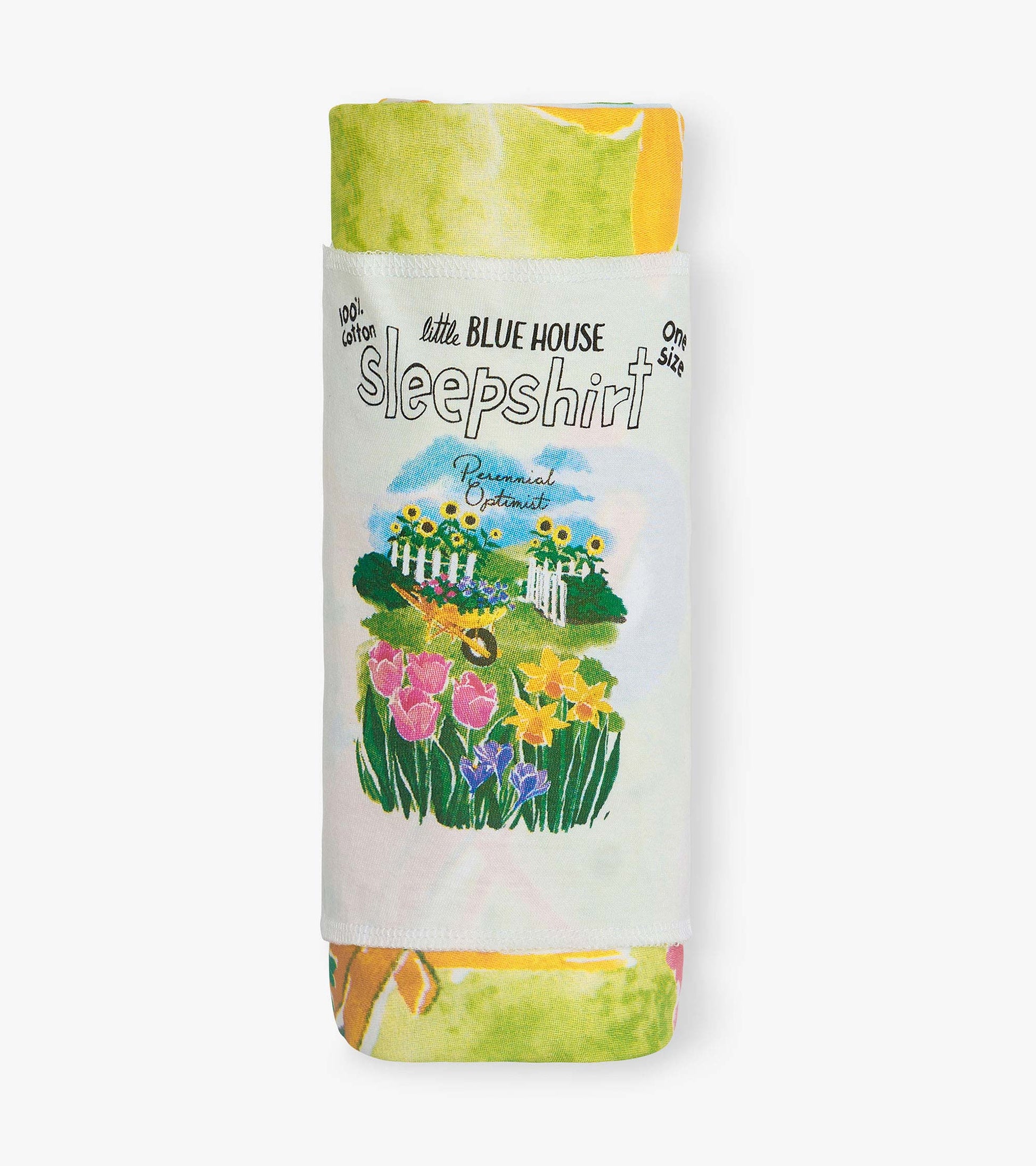 Folded white cotton sleepshirt with colorful floral garden print and text graphic, front view.