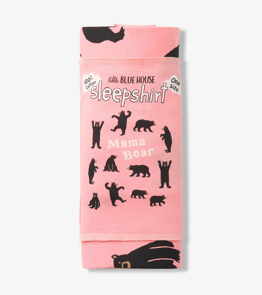 Folded pink Mama Bear sleepshirt with black bear print and branded wrap label