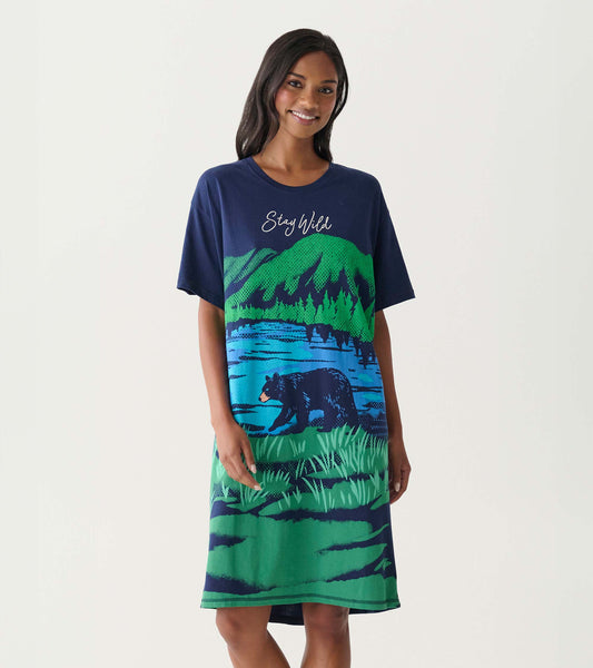 Navy cotton sleepshirt with short sleeves and bear, mountain, and lake graphic print, front view