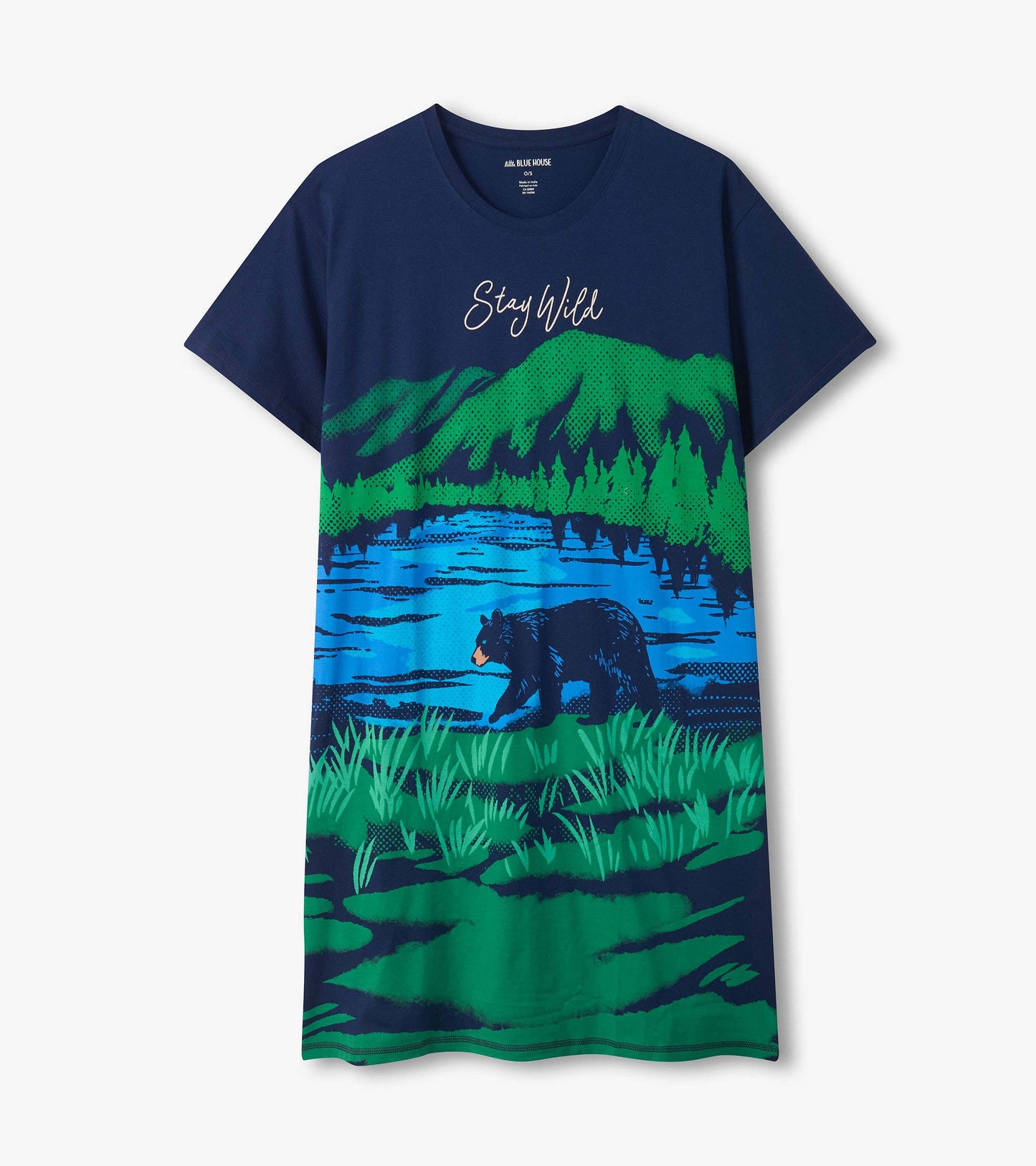 Navy short-sleeve sleepshirt with bear and mountain graphic and "Stay Wild" text, front view