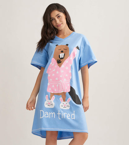 Blue V-neck sleepshirt with beaver in a pink robe, bunny slippers, and 'Dam tired' text, shown on model