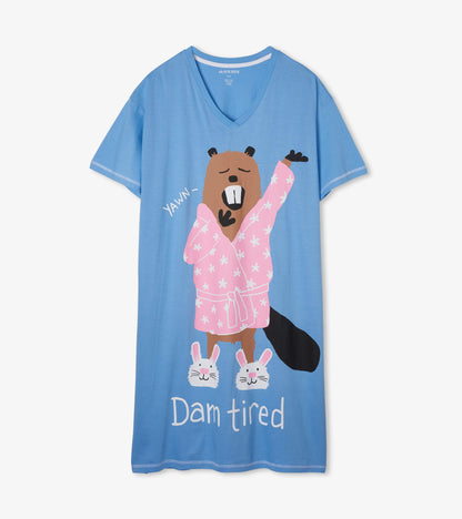 Front view of blue V-neck sleepshirt with yawning beaver graphic, bunny slippers, and 'Dam tired' text