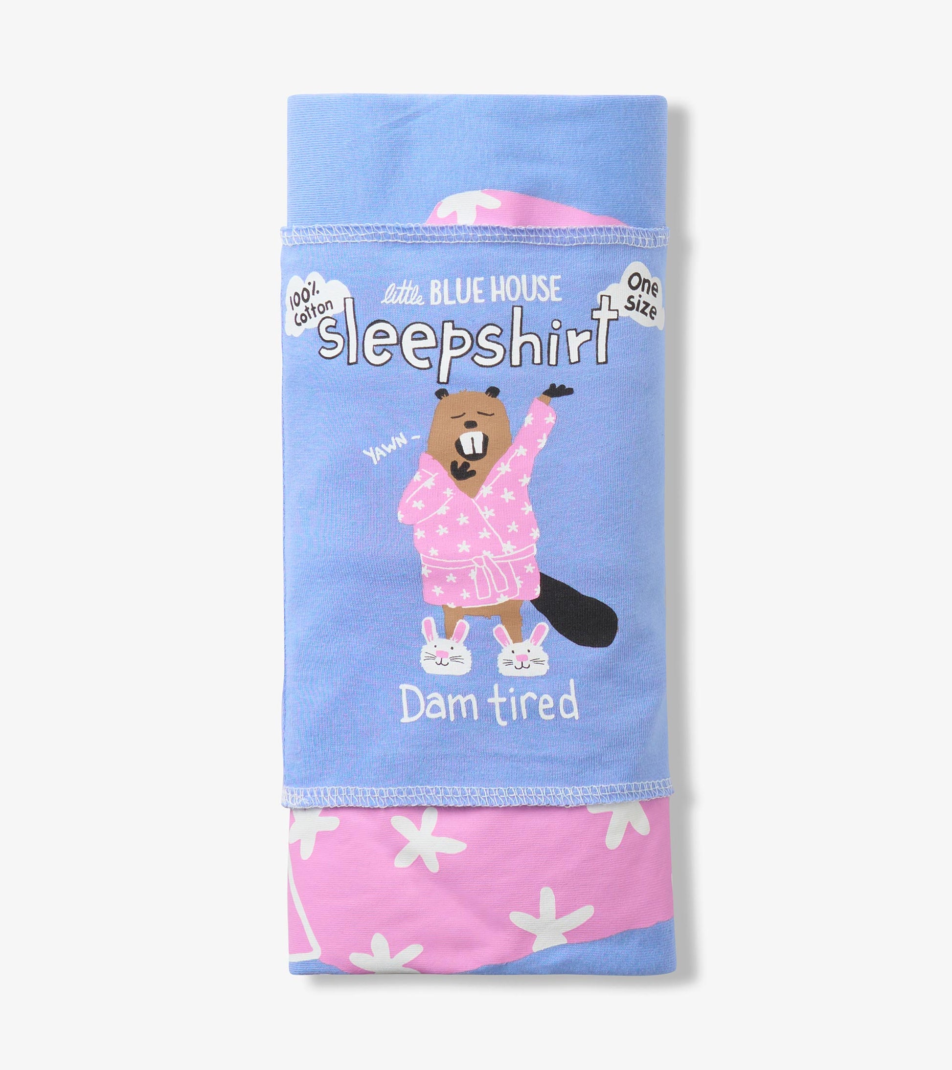 Folded blue sleepshirt in packaging with beaver print and visible Little Blue House label