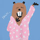 View Dam Tired Women's Sleepshirt - Brown bear wearing pink polka-dot pajamas, waving, with a small black bird on one paw and a mug with a bear face design