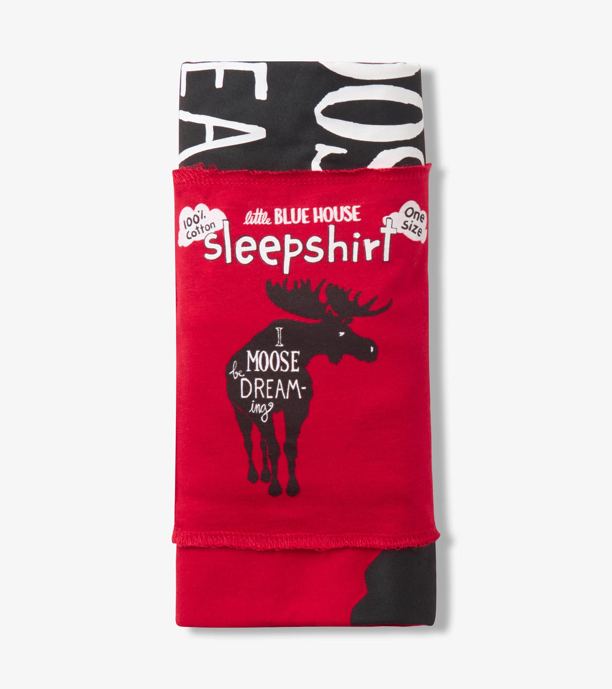 Folded red sleepshirt in packaging with black moose graphic and visible Little Blue House label