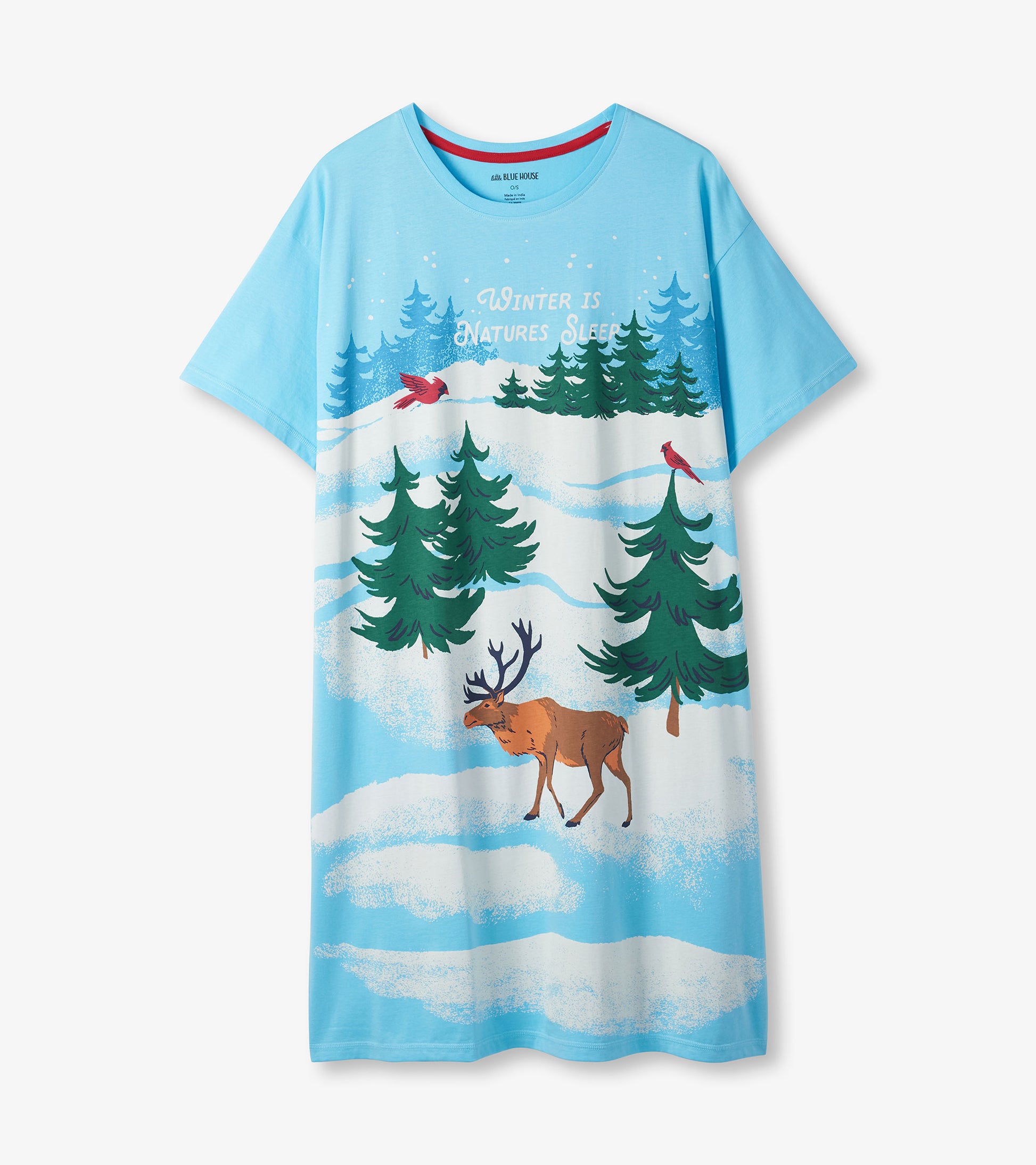Light blue sleepshirt featuring a winter scene with trees, a deer, and cardinals, designed for comfort and relaxation.