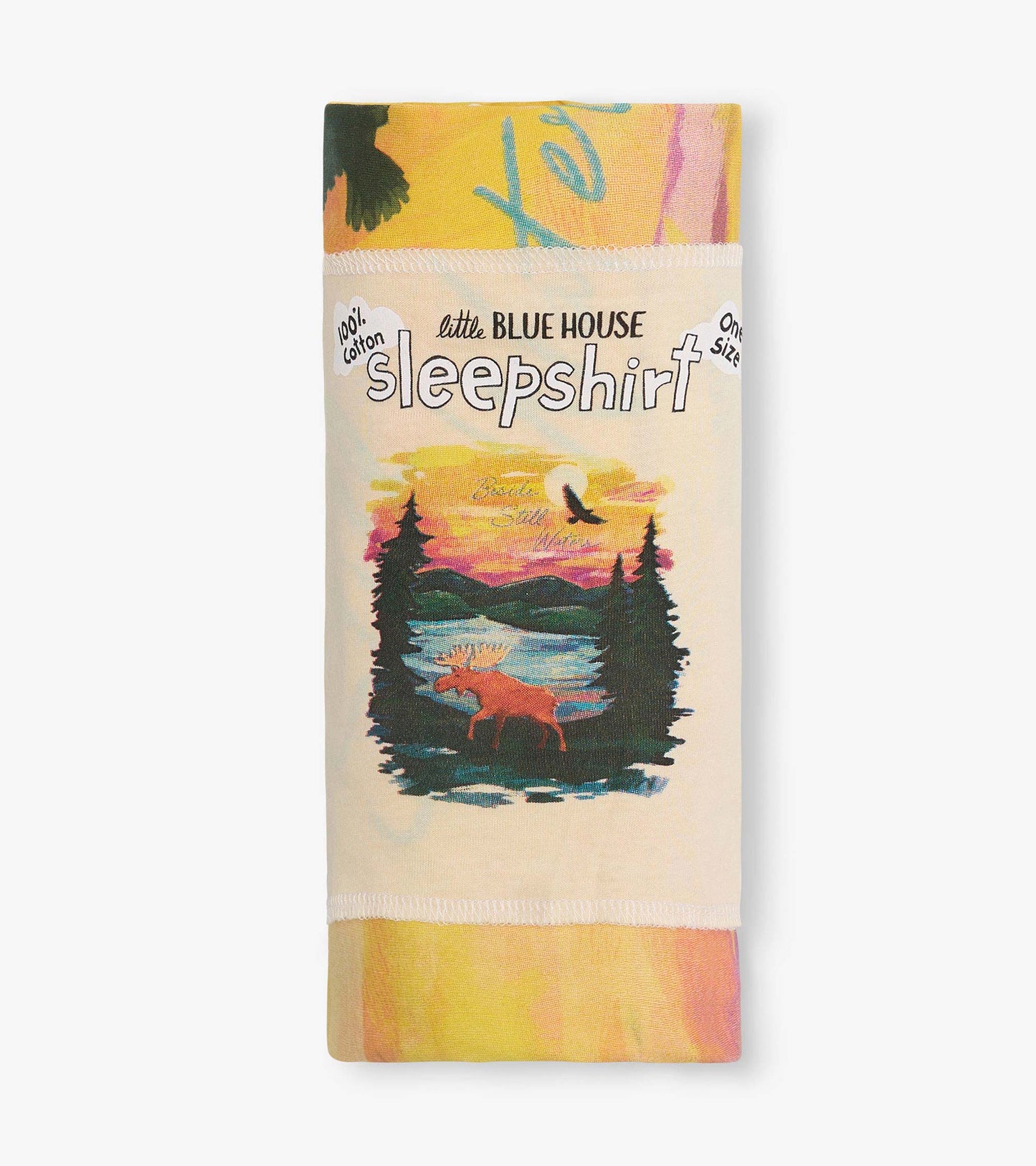 Folded cotton sleepshirt with cream label and colorful sunset moose and forest print