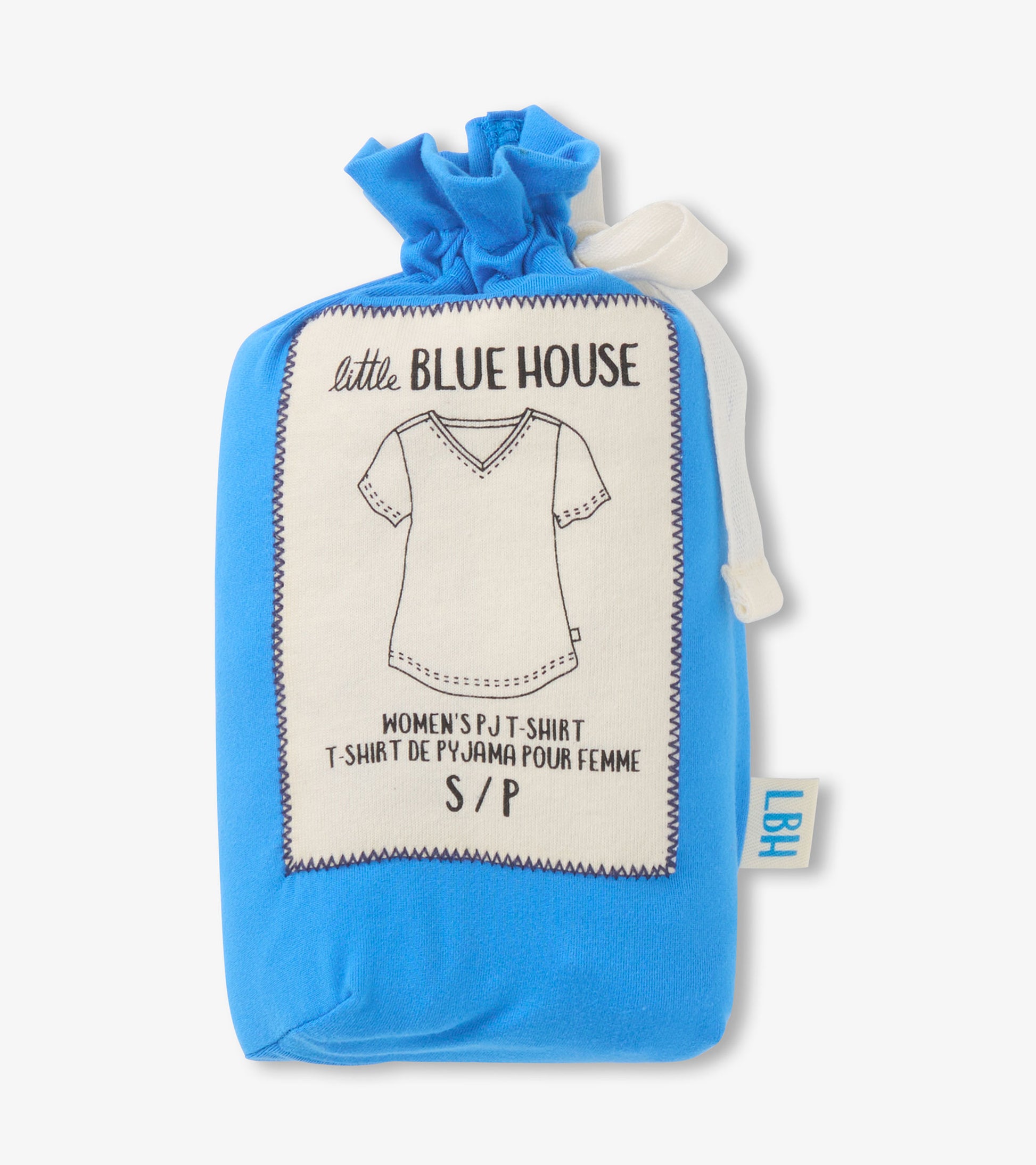Blue women’s V-neck T-shirt folded in a drawstring pouch with printed label and size S/P