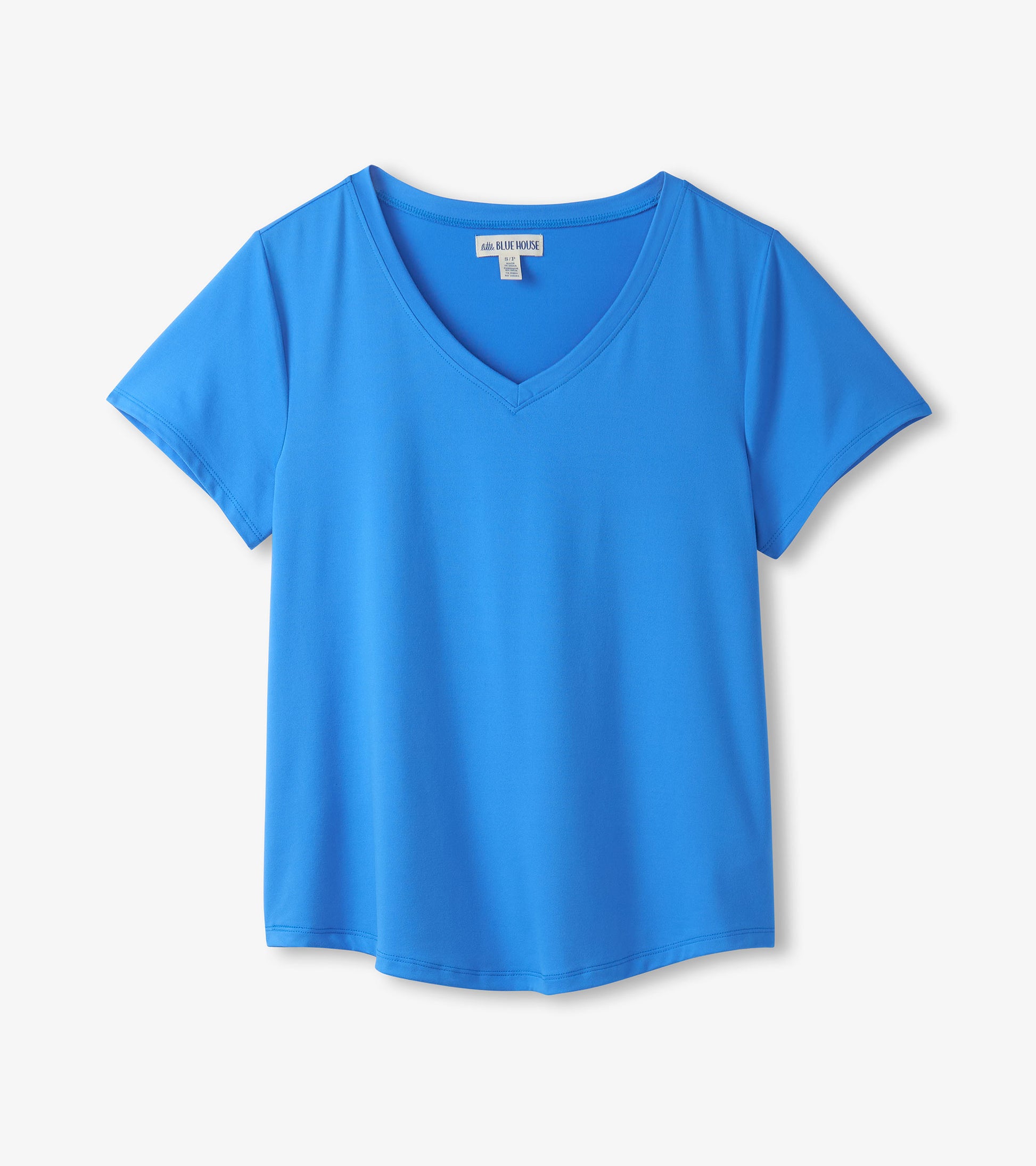 Blue short-sleeve V-neck T-shirt with a smooth, solid-color front view