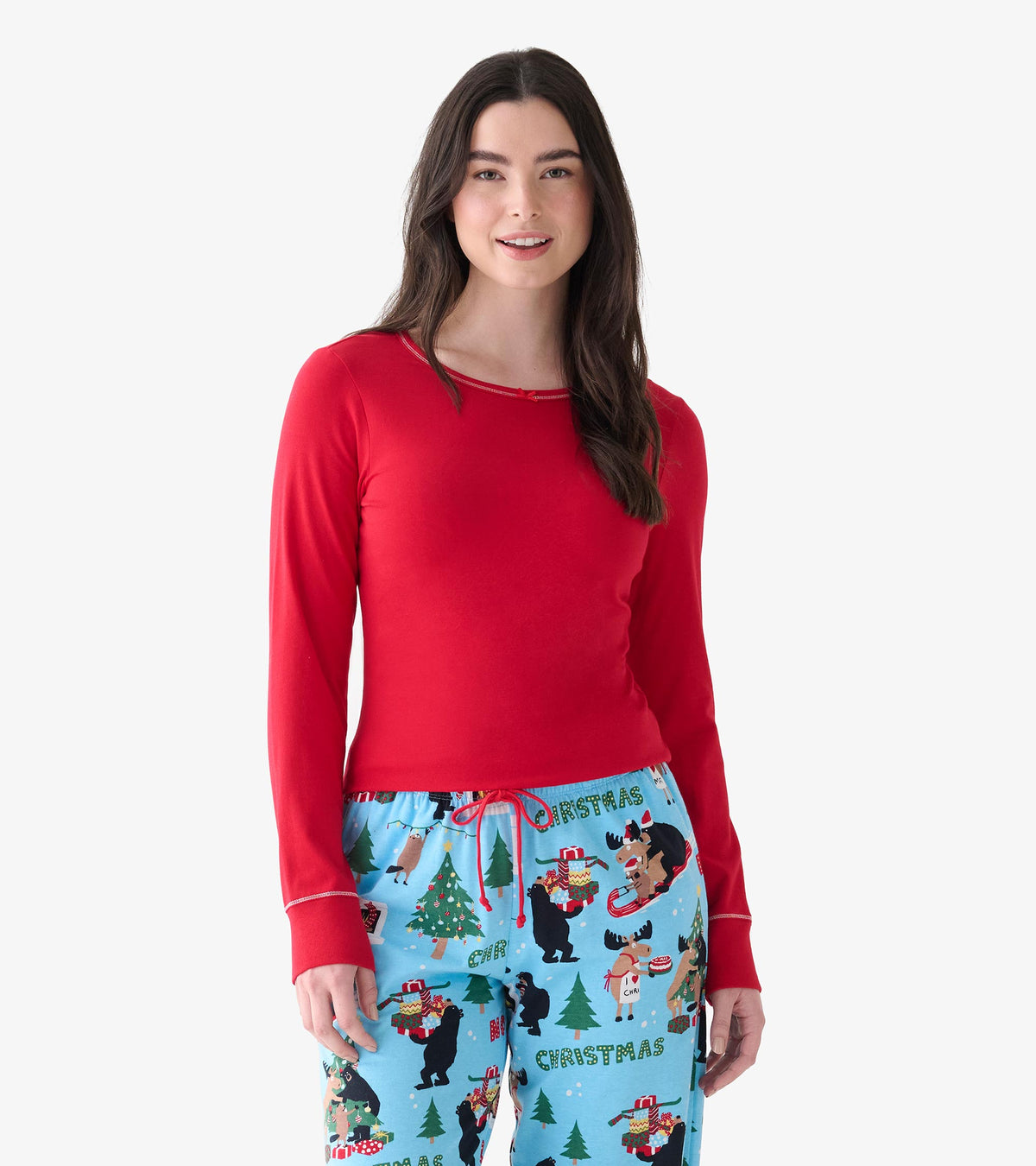 Women's red long sleeve pajama top shown from the front with contrast stitching and a small bow at the neckline