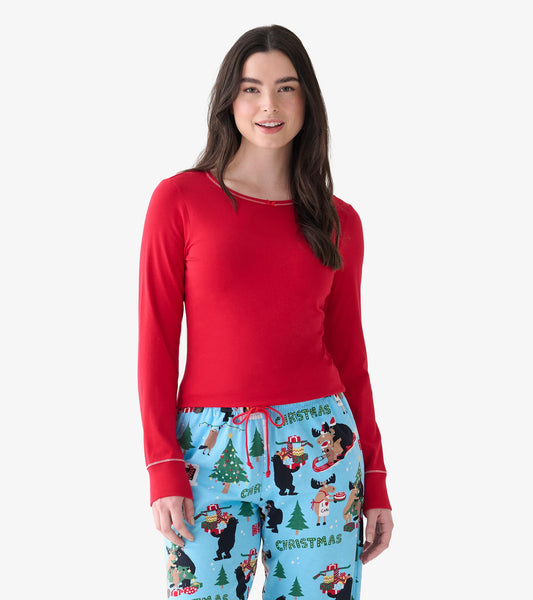 Women's red long sleeve pajama top shown from the front with contrast stitching and a small bow at the neckline