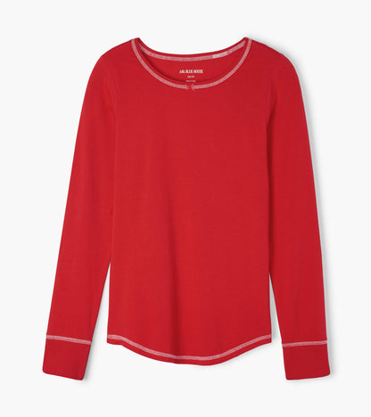 Women's red long sleeve pajama top laid flat with a scoop neckline, small bow, and contrast stitching