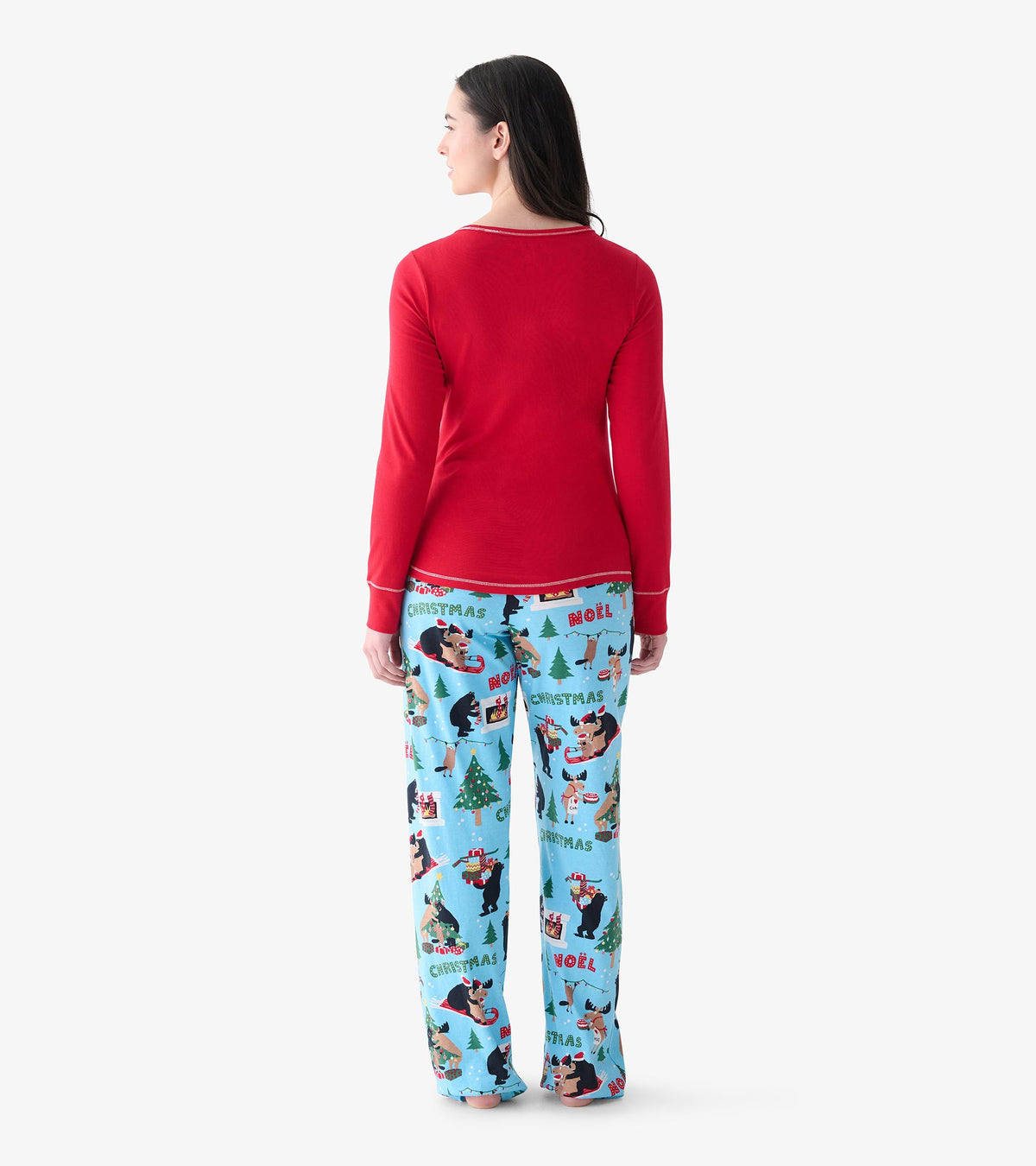 Women's red long sleeve pajama top shown from the back on a model