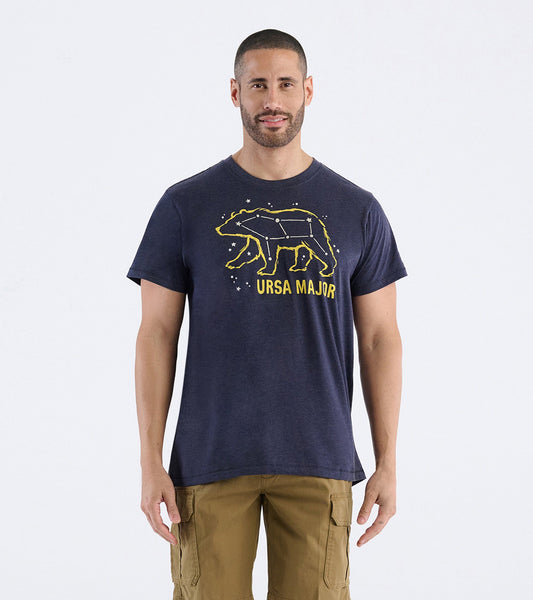 Navy blue men's t-shirt featuring a yellow bear constellation graphic and text, short sleeves, and a relaxed fit.