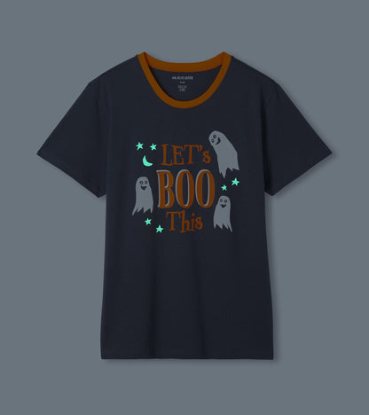Charcoal Let’s Boo This T-shirt with orange ringer neck and glowing stars, moon, and ghost graphic