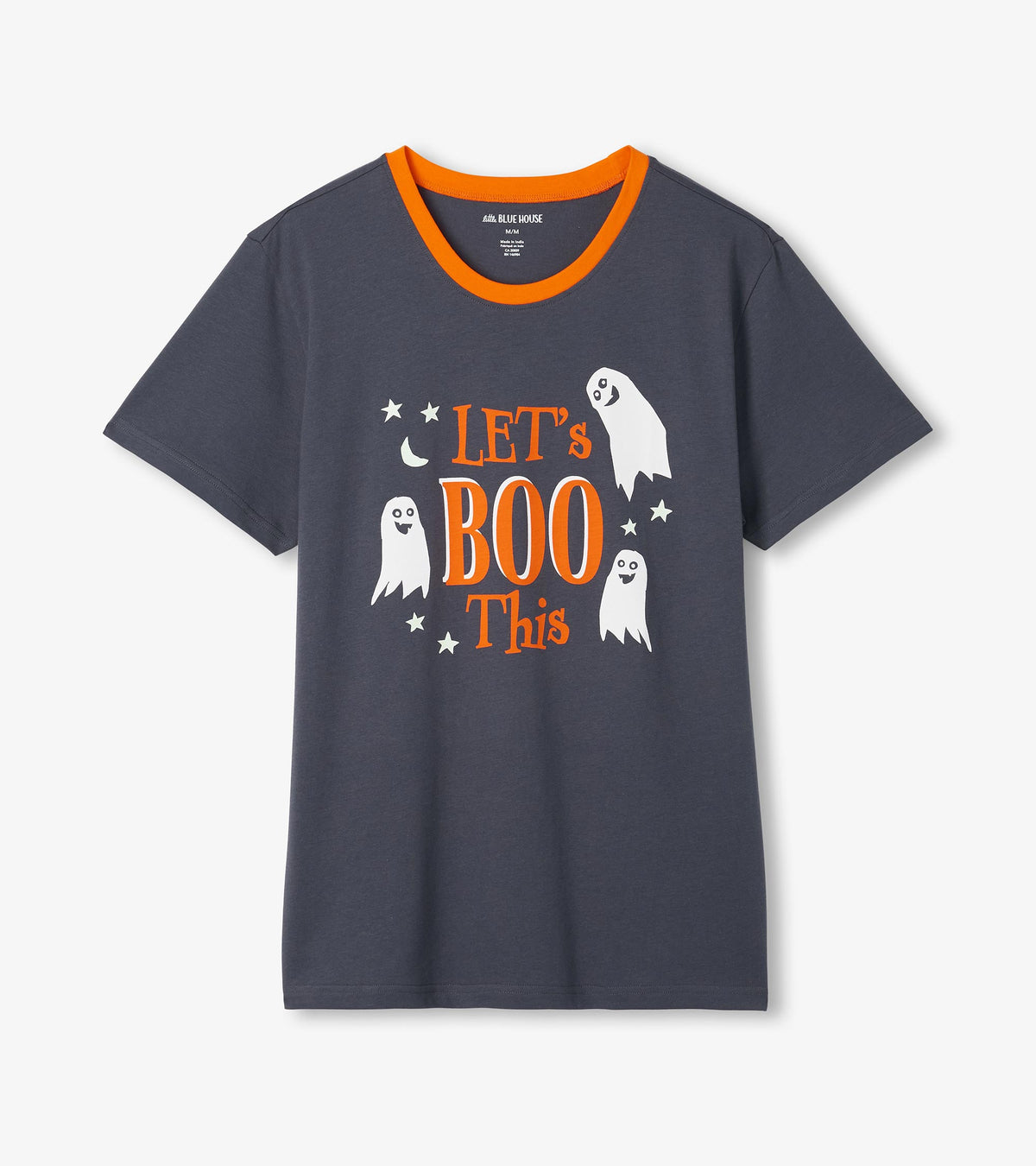 Charcoal Let’s Boo This T-shirt with orange ringer neck and ghost graphic on front