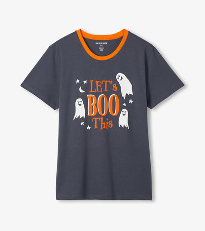 Charcoal Let’s Boo This T-shirt with orange ringer neck and ghost graphic on front