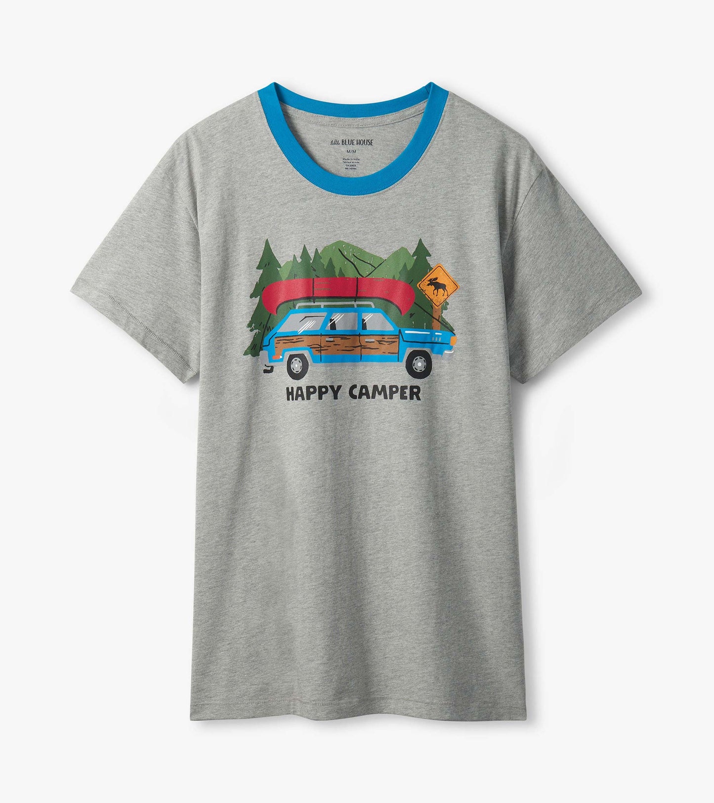 Heather gray men's T-shirt with bright blue crew neck and Happy Camper station wagon and canoe graphic