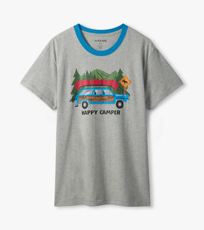 Heather gray men's T-shirt with bright blue crew neck and Happy Camper station wagon and canoe graphic