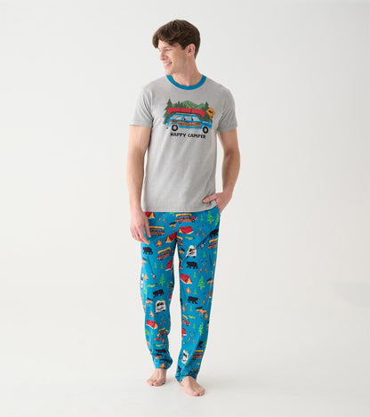 Angled front view of heather gray camping graphic T-shirt with blue crew neck worn with blue print pants
