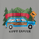 View Men's Retro Camping T-Shirt - Retro camper van with mountains, trees, and a small orange cabin, text reads "HAPPY CAMPER