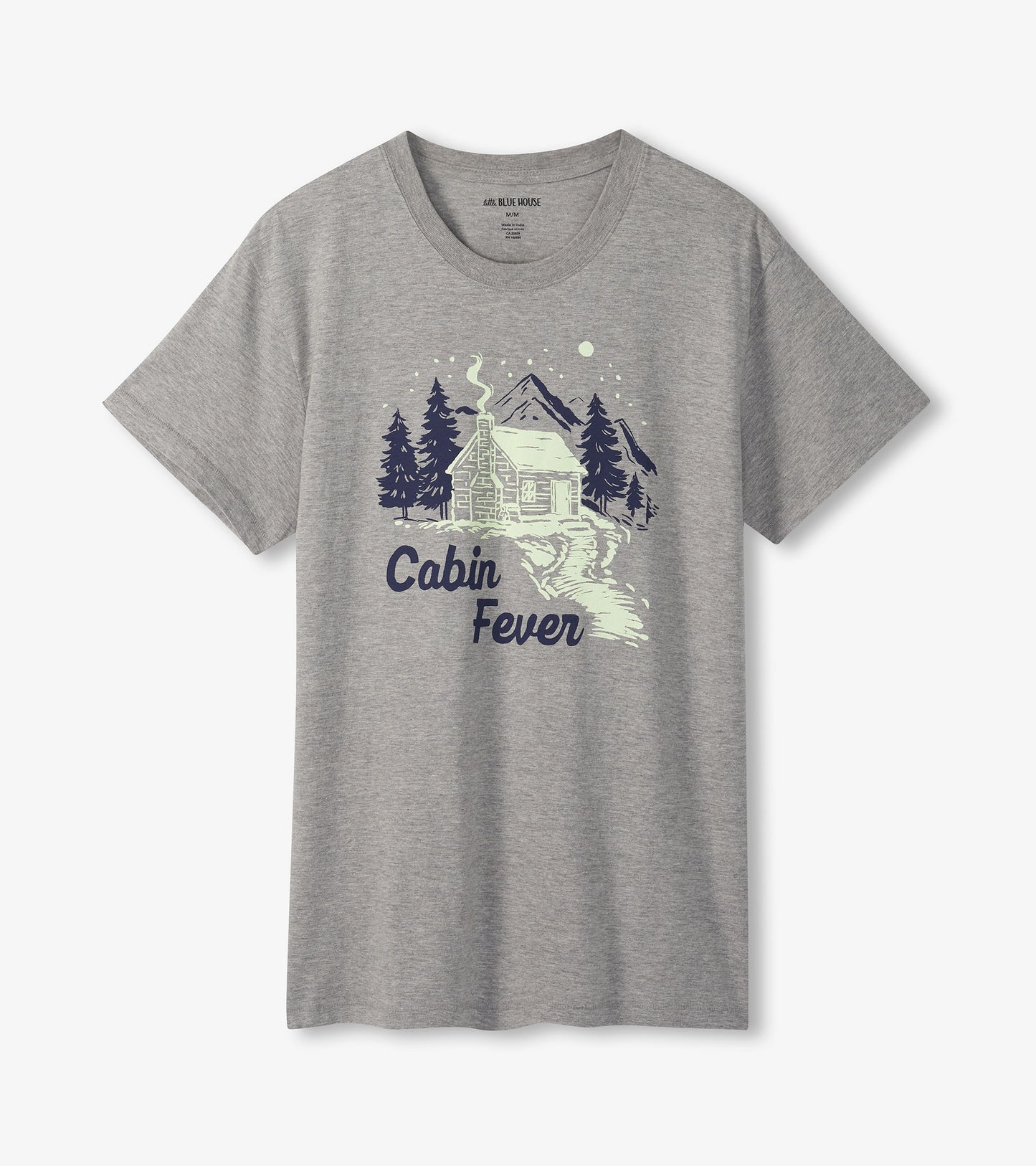 Gray short-sleeve t-shirt featuring a cabin and mountain graphic with "Cabin Fever" text.