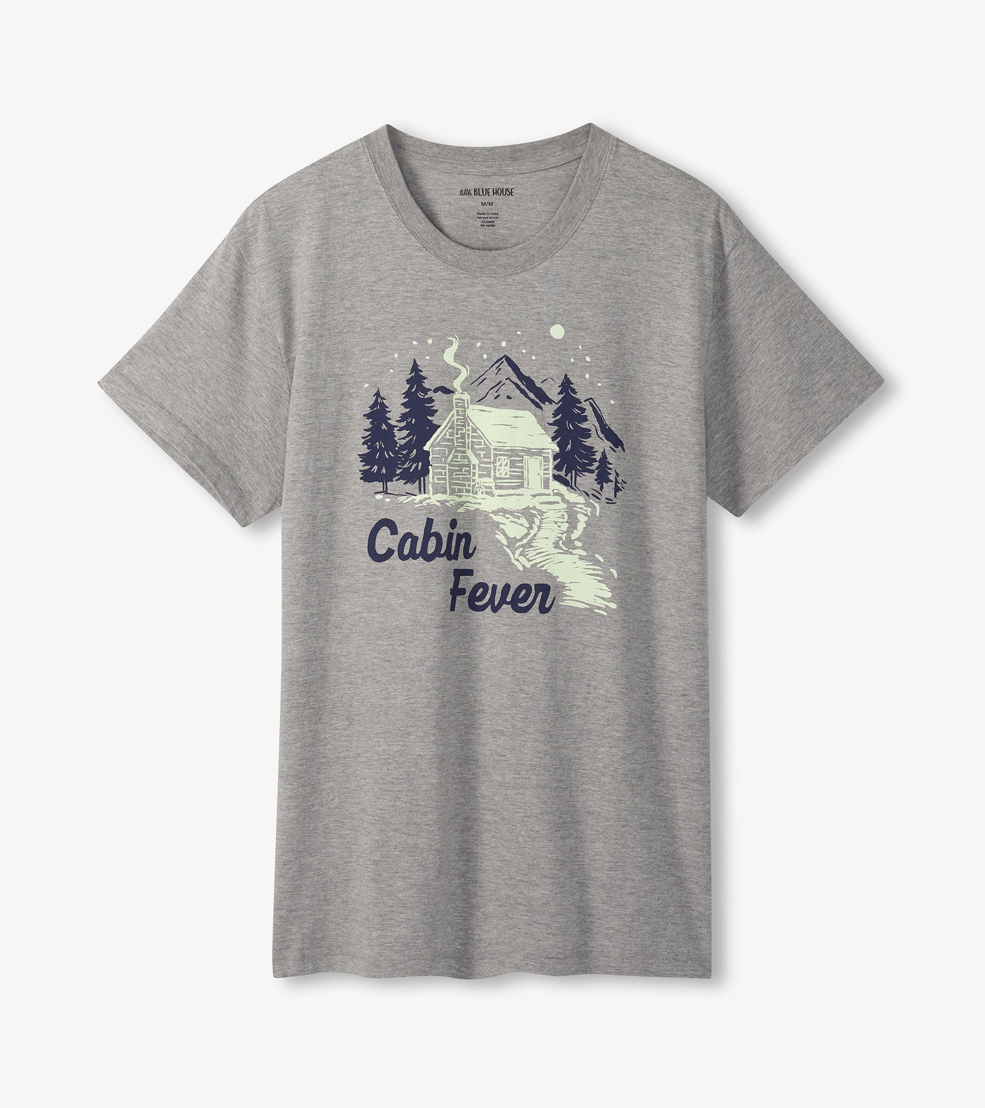 Gray short-sleeve t-shirt featuring a cabin and mountain graphic with "Cabin Fever" text.