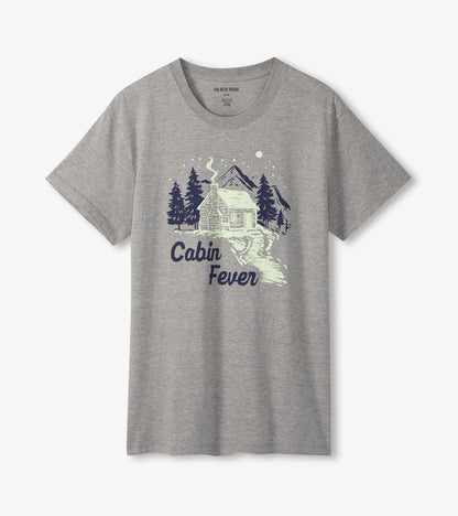 Gray short-sleeve t-shirt featuring a cabin and mountain graphic with "Cabin Fever" text.