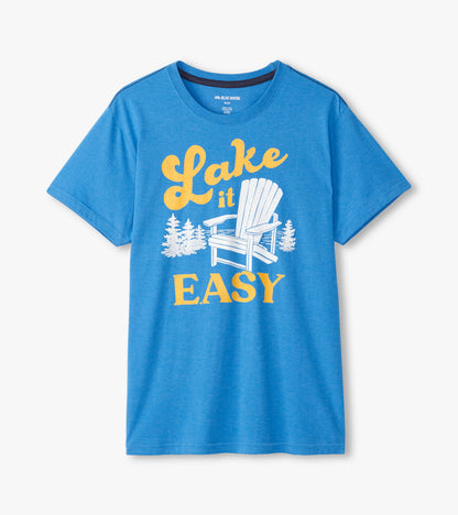 Blue Lake It Easy crewneck tee with yellow text and white chair graphic, laid flat