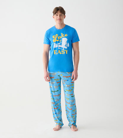 Full front view of blue Lake It Easy tee with yellow text and white chair graphic on model