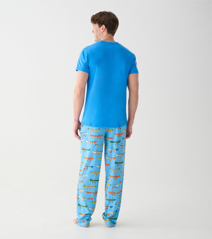 Back view of blue short sleeve crewneck tee on model