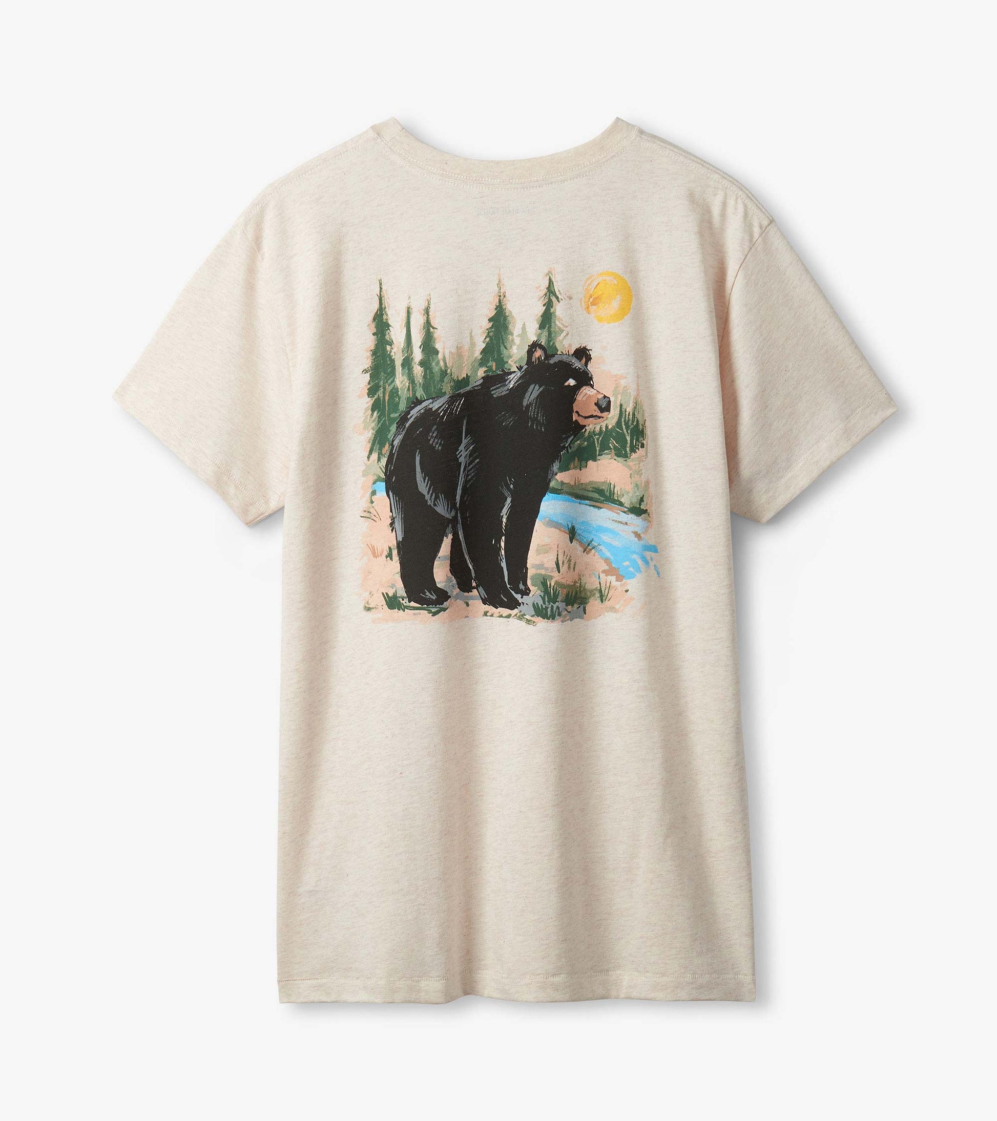 Oatmeal T-shirt laid flat with back graphic of a black bear by a blue stream, trees and yellow sun