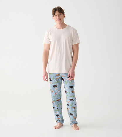 Full front view of heathered oatmeal short sleeve crew neck T-shirt worn with blue wildlife print pants