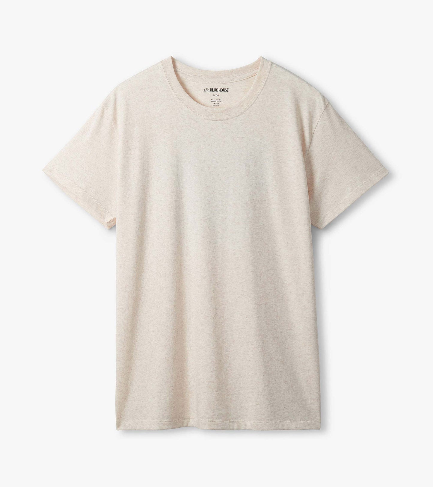 Men's heathered oatmeal crew neck T-shirt with short sleeves, shown flat with a plain front