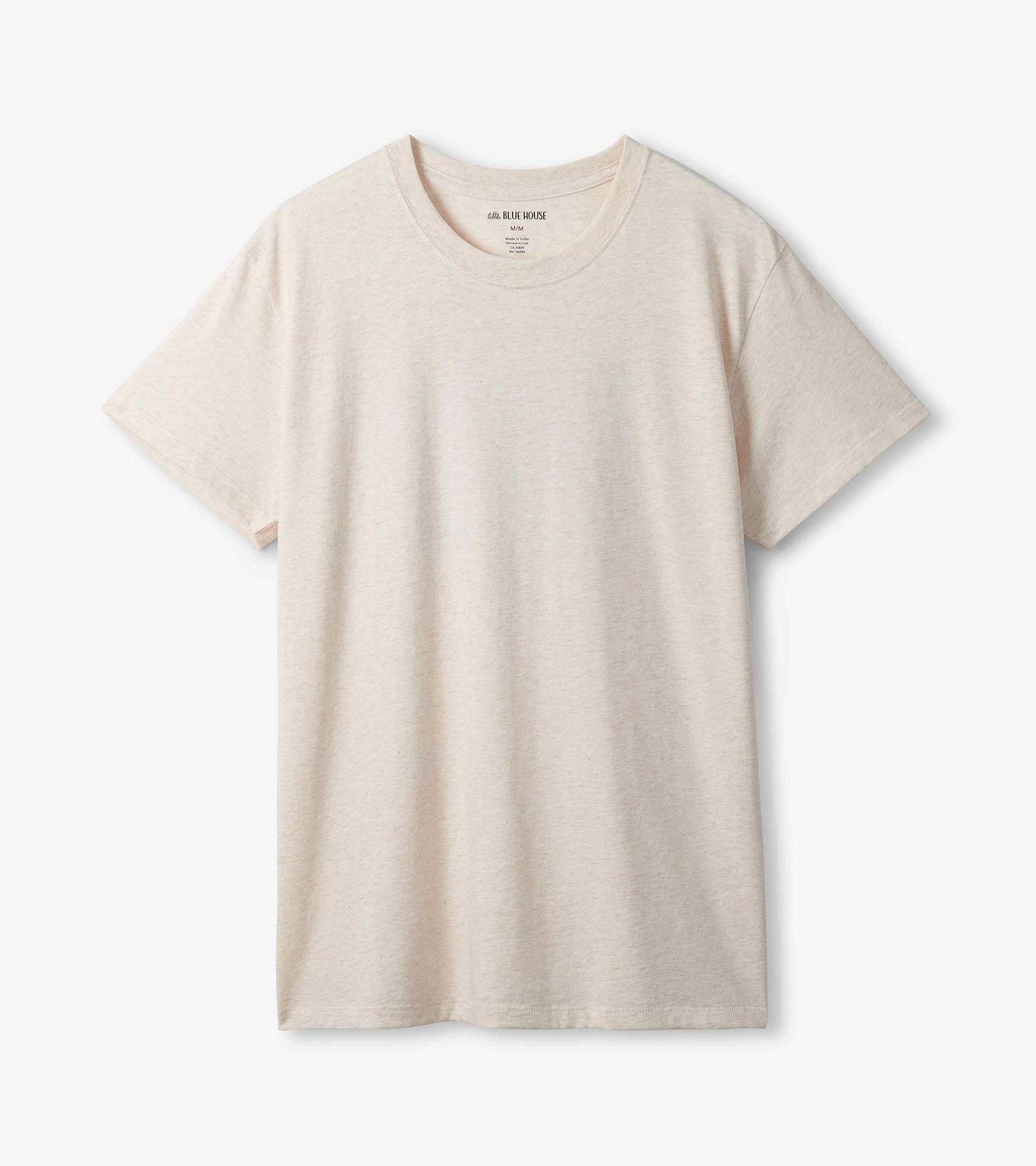 Men's heathered oatmeal crew neck T-shirt with short sleeves, shown flat with a plain front