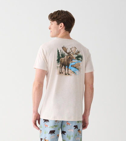 Back view of oatmeal heather men's T-shirt with moose and blue river graphic