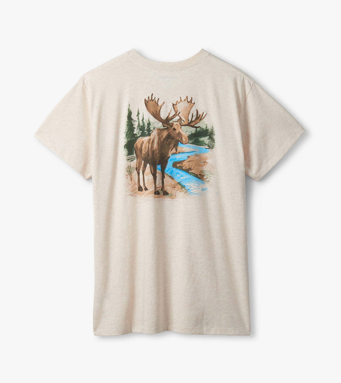 Men's Wilderness Moose T-shirt back with large moose, trees, and blue river graphic