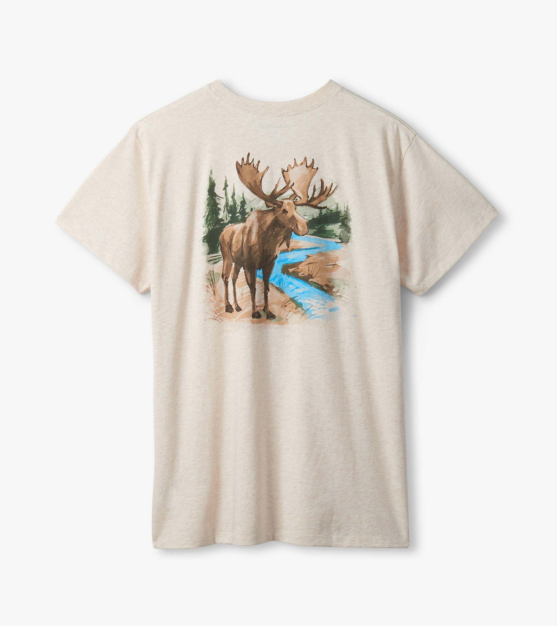 Men's Wilderness Moose T-shirt back with large moose, trees, and blue river graphic